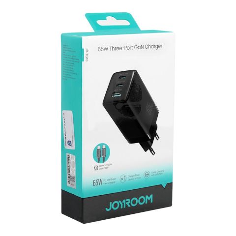 Joyroom 65W Three-Port Gan Fast Charger With 1.2 Meter Type C- To Type C Cable, Black, JR-TCG10