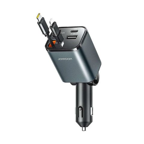 Joyroom 4-in-1 Retractable Car Charger Built-in-Type-C & Lightening Cable, 65W, Dark Grey, JR-CCL05