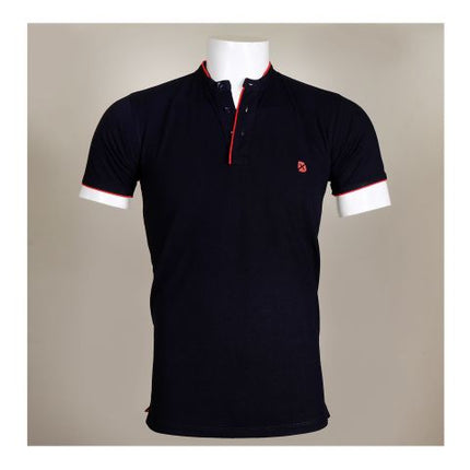 Basix Men's Band Mandarin Collar Embroidered Logo Polo Shirt, Mid Night Blue, MPS-106
