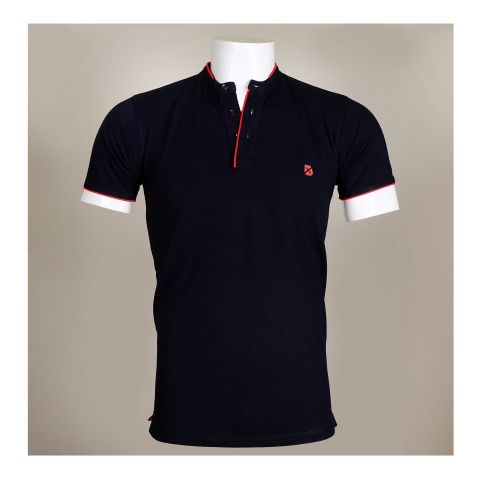 Basix Men's Band Mandarin Collar Embroidered Logo Polo Shirt, Mid Night Blue, MPS-106