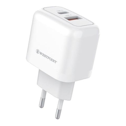 West Point Wall Charger With 1 Meter Cable, 20W Type-C + 18W USB-A, White, WP-21