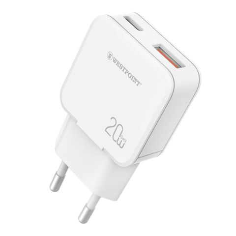 West Point Wall Charger With 1 Meter Cable, 18W USB-A + 20W Type-C, White, WP-25