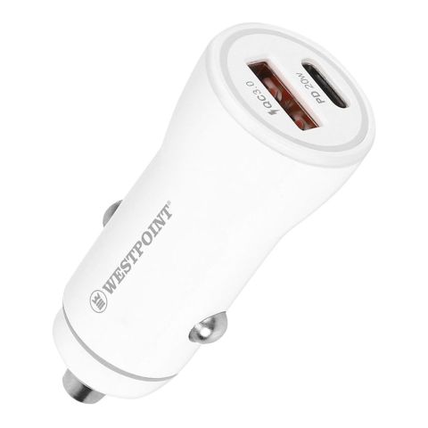 West Point Car Charger 18W USB-A + 20W Type-C, White, WP-90